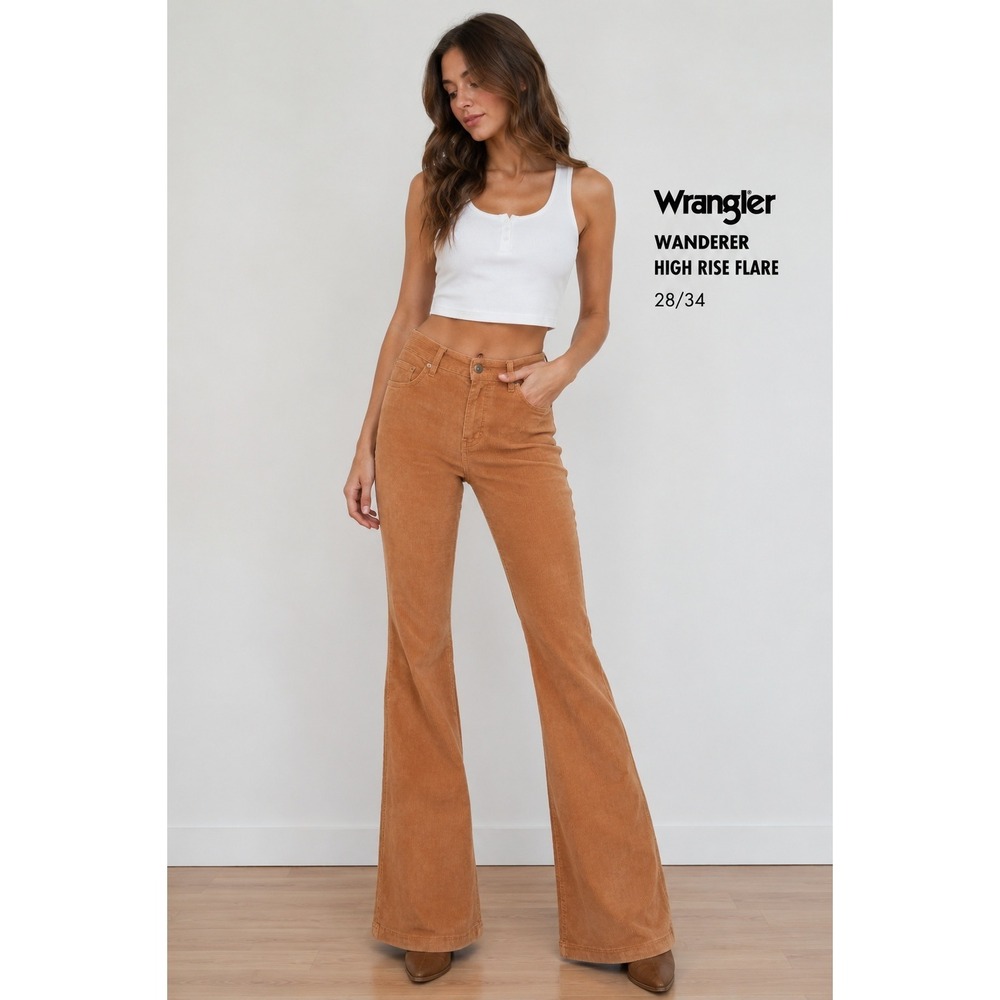 Wrangler Wanderer High Rise Flare Caramel Corduroy Pants Western Boho 28/34